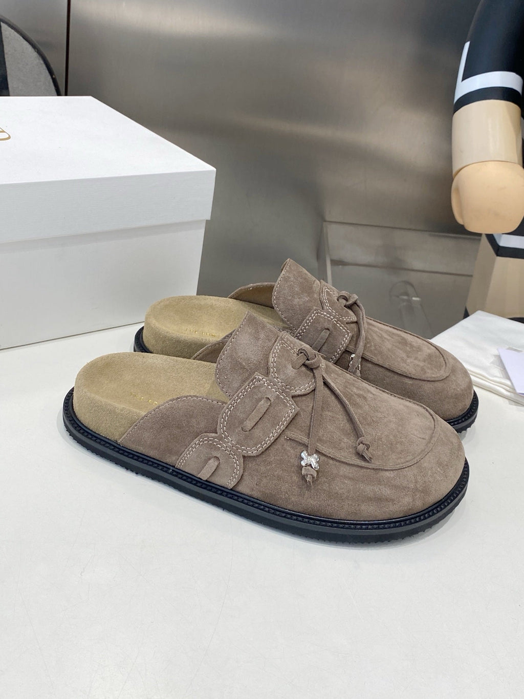 THE ROW 26S KNOT DETAIL MULE LOAFERS IN TAUPE BROWN SUEDE