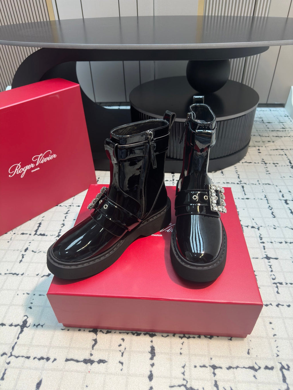 VIV' RANGERS BIKER BOOTIES IN BLACK PATENT CALFSKIN WITH METAL BUCKLE