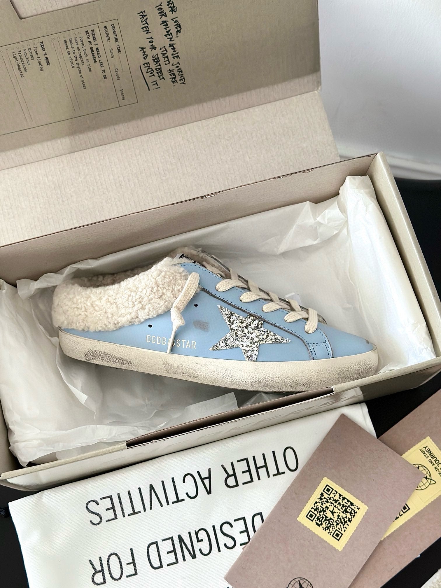 SUPER-STAR SABOTS IN BLUE CALFSKIN WITH GLITTER WHITE STAR