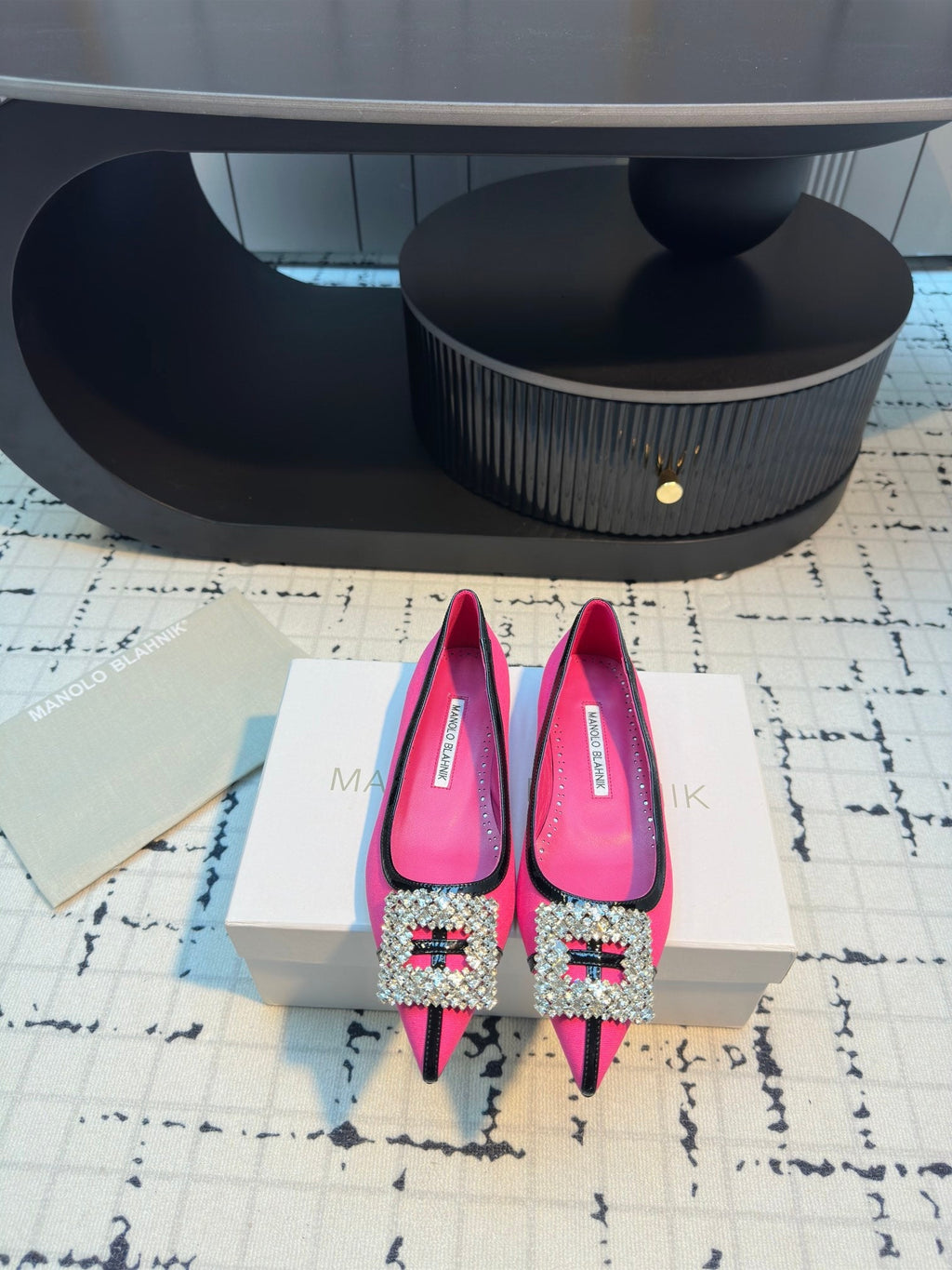 Hangisi 10mm Ballet Flat Dark Pink Linen with Black Leather Jewel Buckle 161065