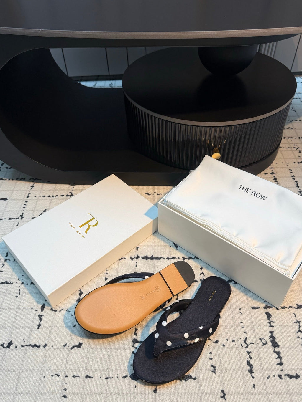 THE ROW 26S THONG SANDALS IN BLACK POLKA DOT SATIN