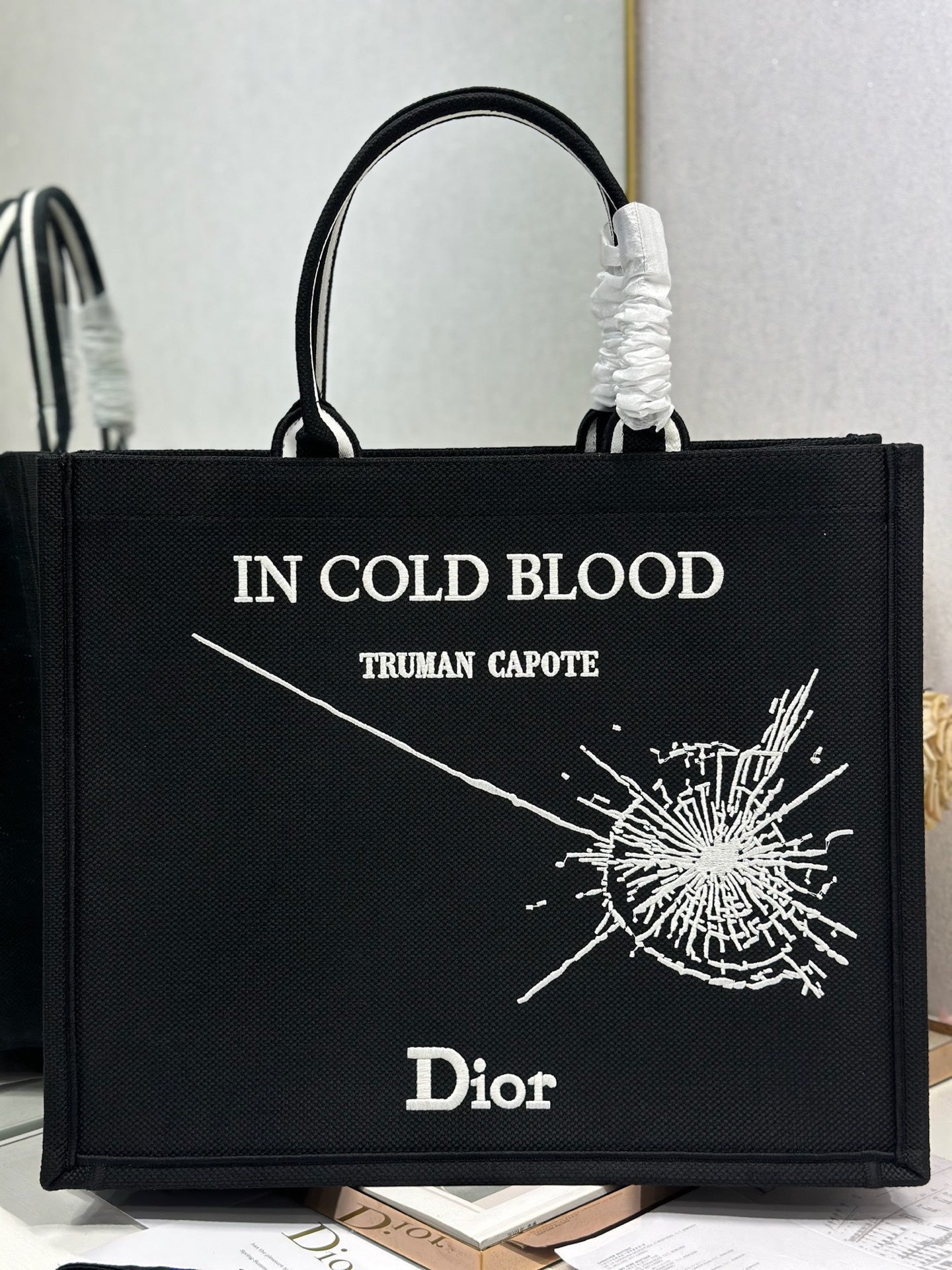 DIOR 26S BOOK TOTE BAG 42 IN BLACK EMBROIDERED LETTERING FABRIC