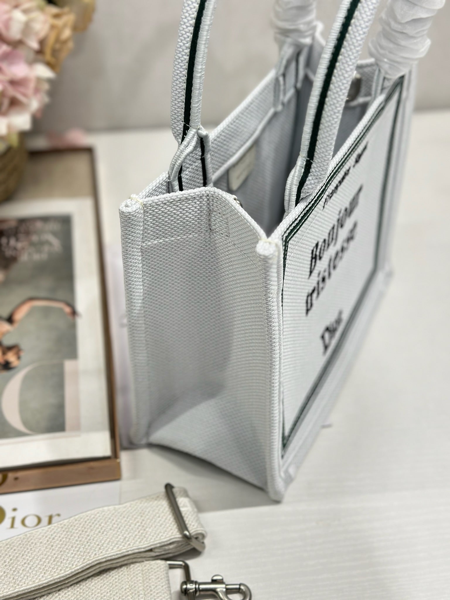 DIOR 26S BOOK TOTE BAG 26 IN WHITE EMBROIDERED LETTERING FABRIC