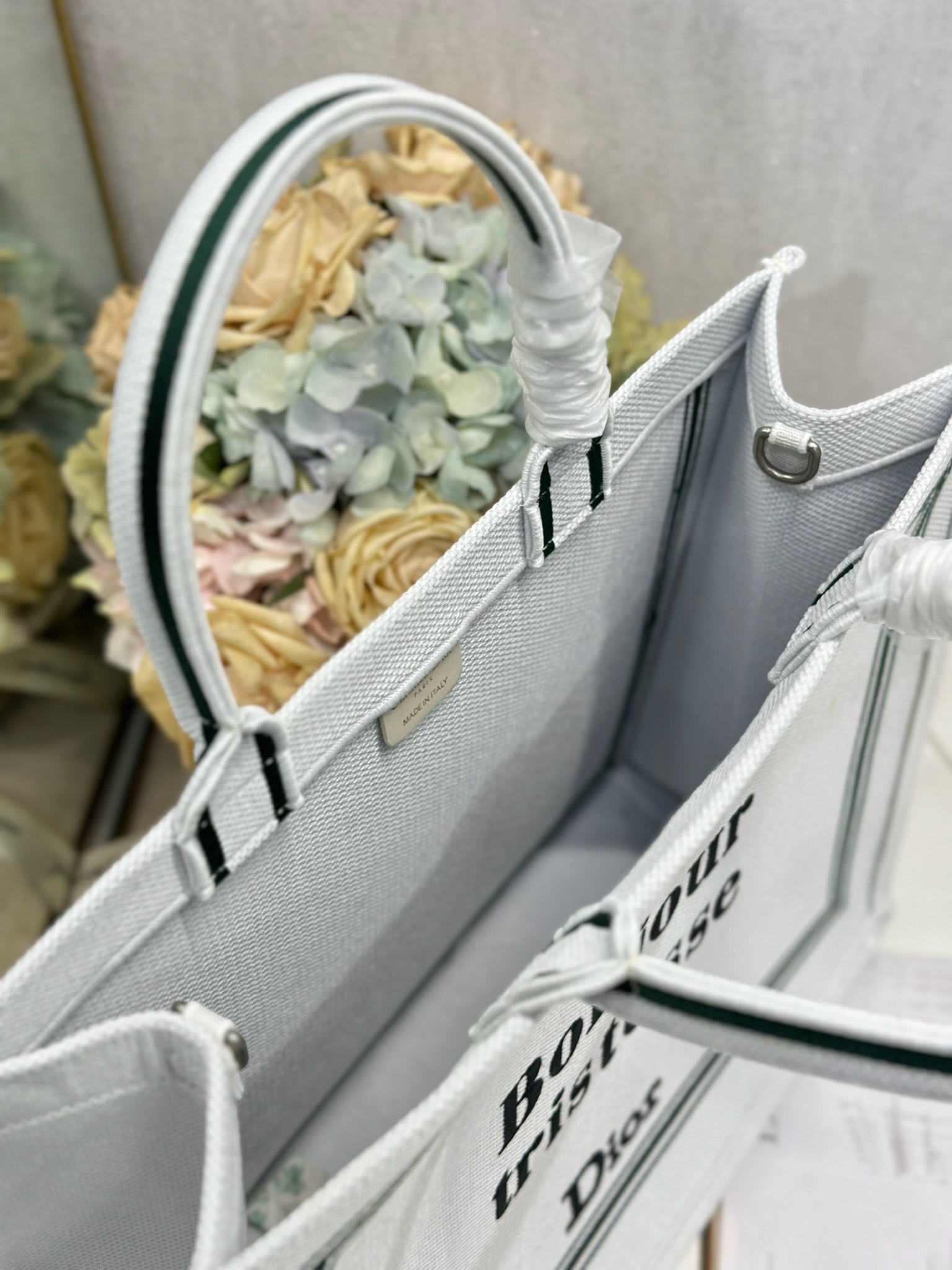 DIOR 26S BOOK TOTE BAG 42 IN WHITE EMBROIDERED LETTERING FABRIC