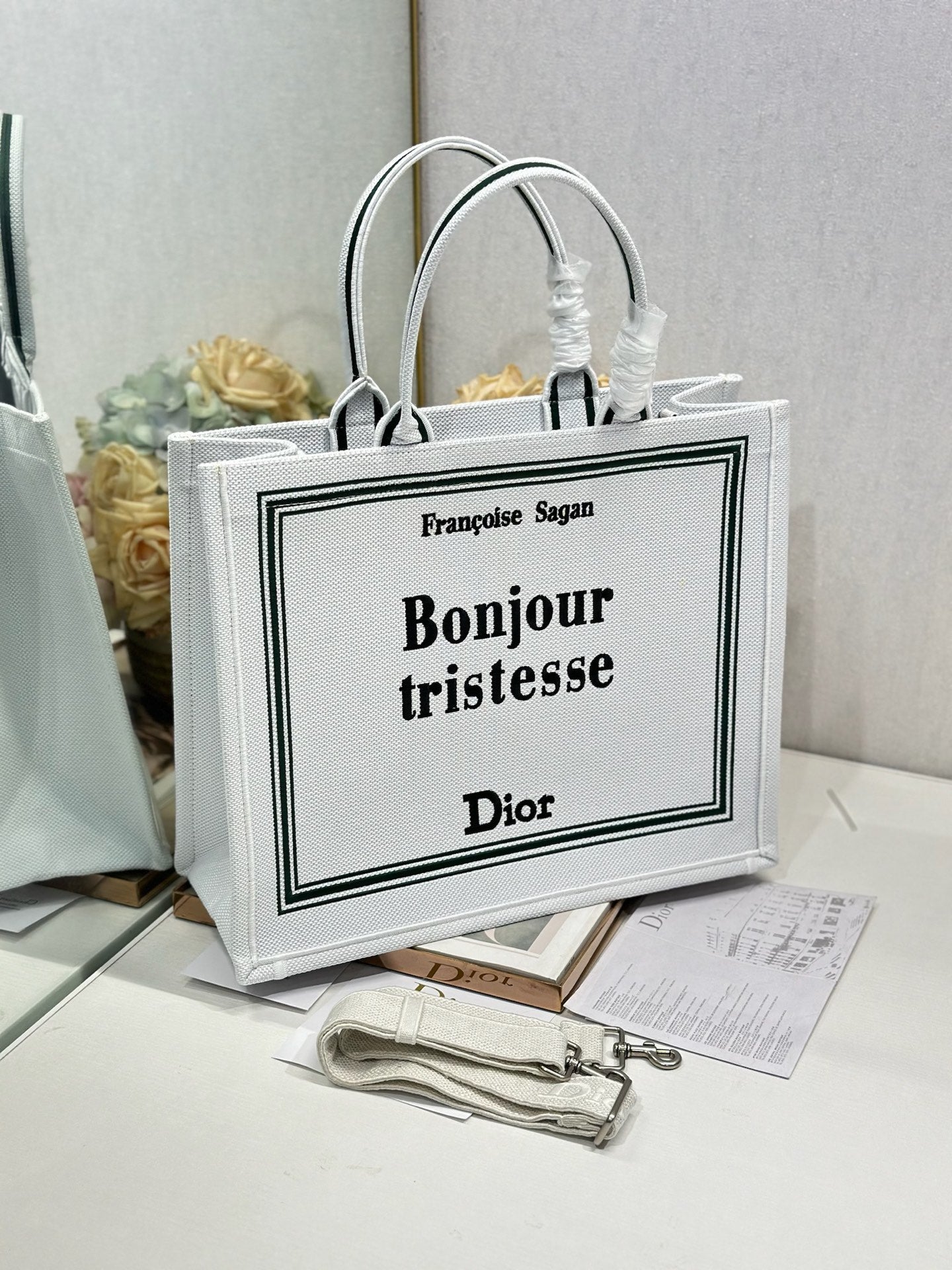 DIOR 26S BOOK TOTE BAG 42 IN WHITE EMBROIDERED LETTERING FABRIC
