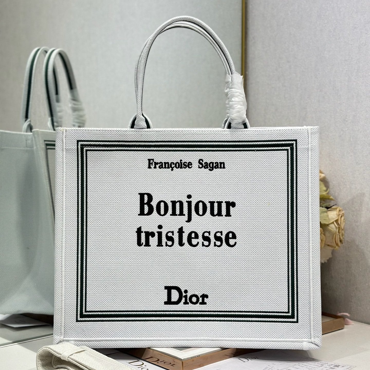 DIOR 26S BOOK TOTE BAG 42 IN WHITE EMBROIDERED LETTERING FABRIC