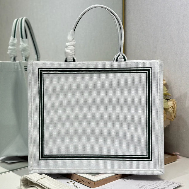 DIOR 26S BOOK TOTE BAG 42 IN WHITE EMBROIDERED LETTERING FABRIC