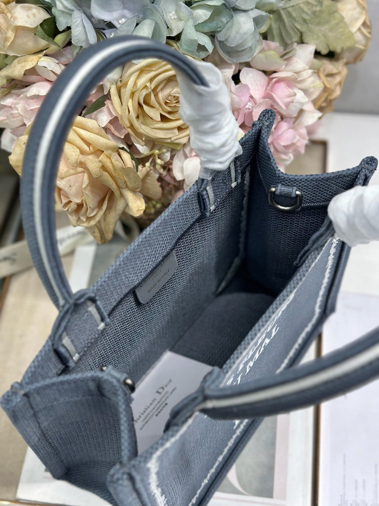 DIOR 26S BOOK TOTE BAG 26 IN GREY EMBROIDERED LETTERING FABRIC