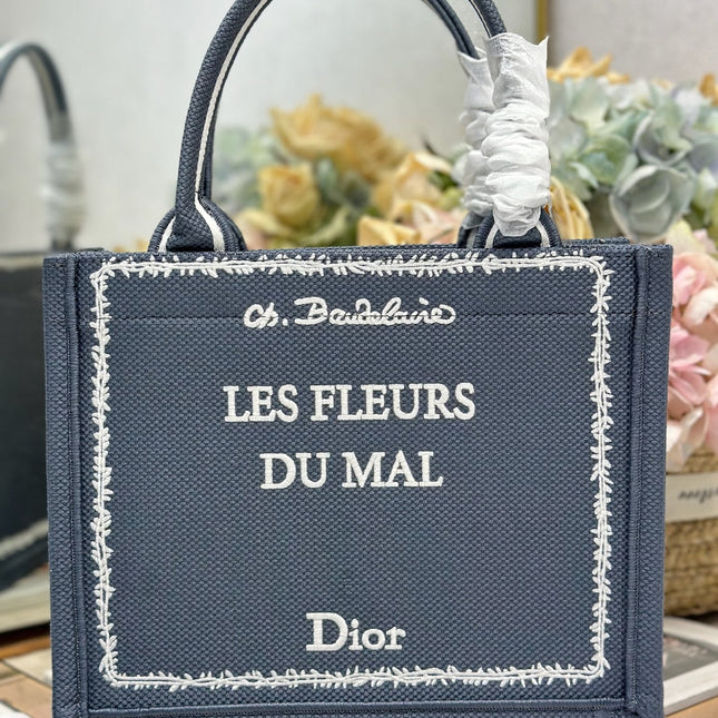 DIOR 26S BOOK TOTE BAG 26 IN GREY EMBROIDERED LETTERING FABRIC