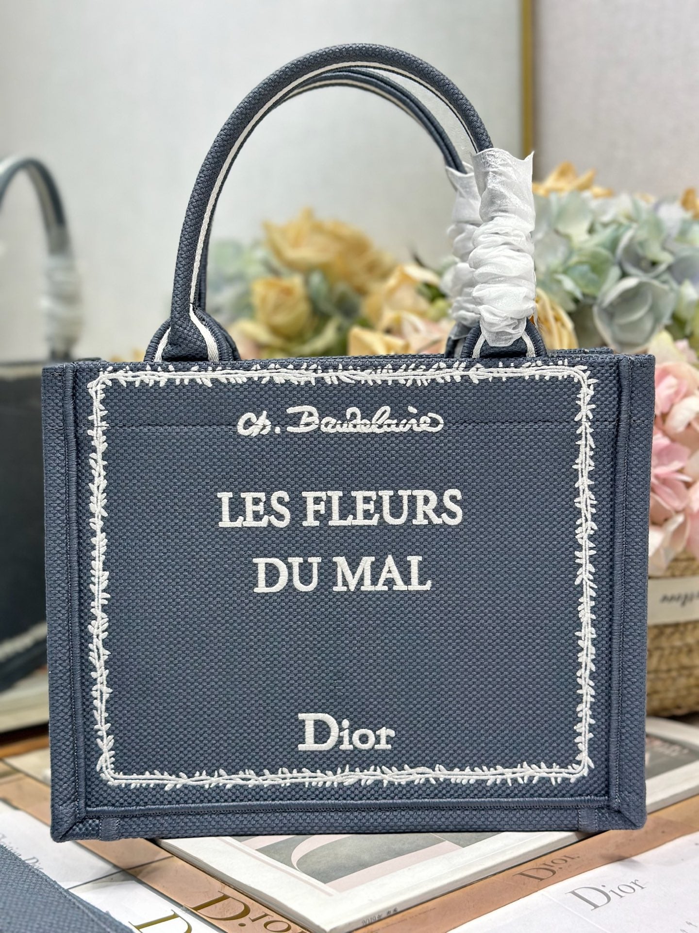 DIOR 26S BOOK TOTE BAG 26 IN GREY EMBROIDERED LETTERING FABRIC