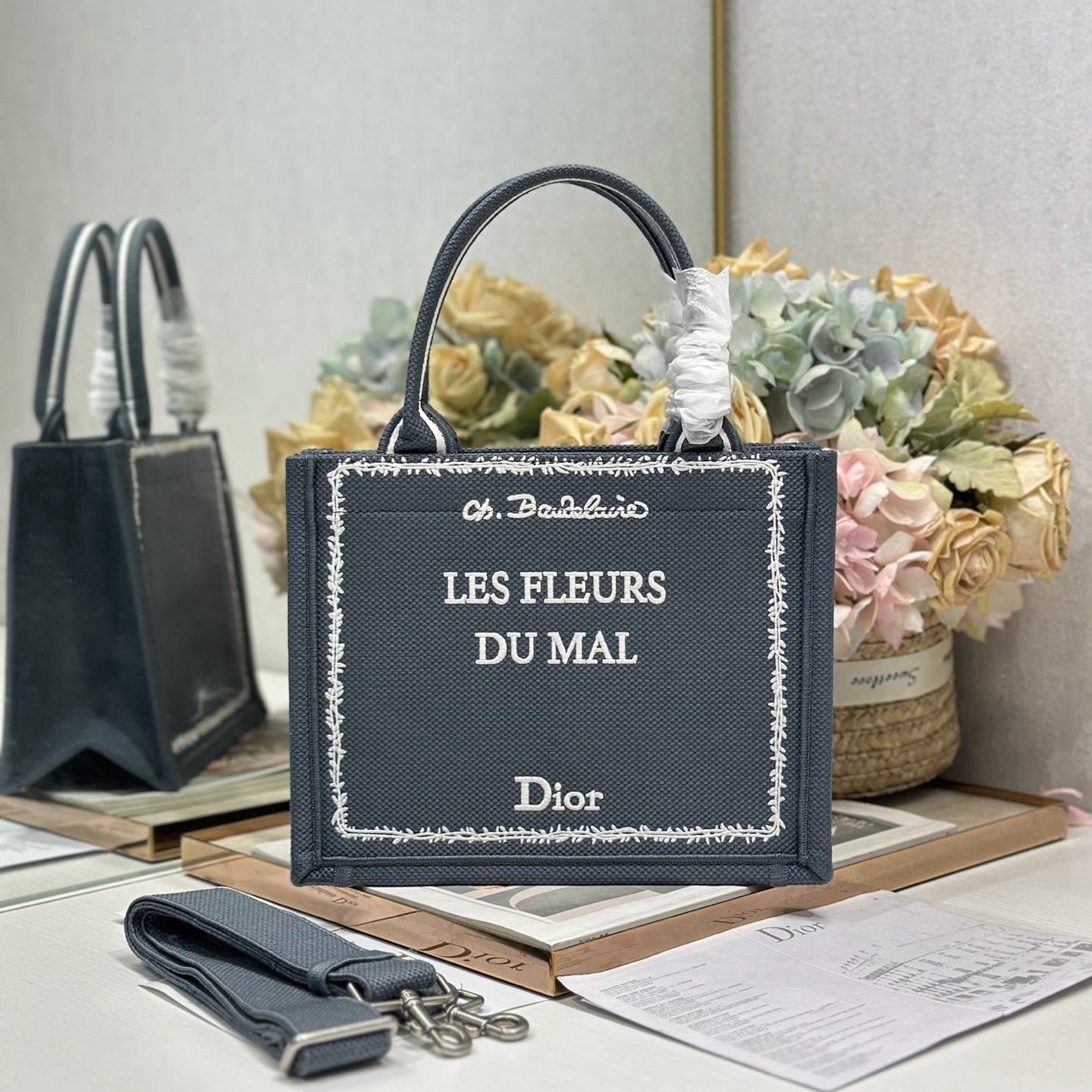 DIOR 26S BOOK TOTE BAG 26 IN GREY EMBROIDERED LETTERING FABRIC