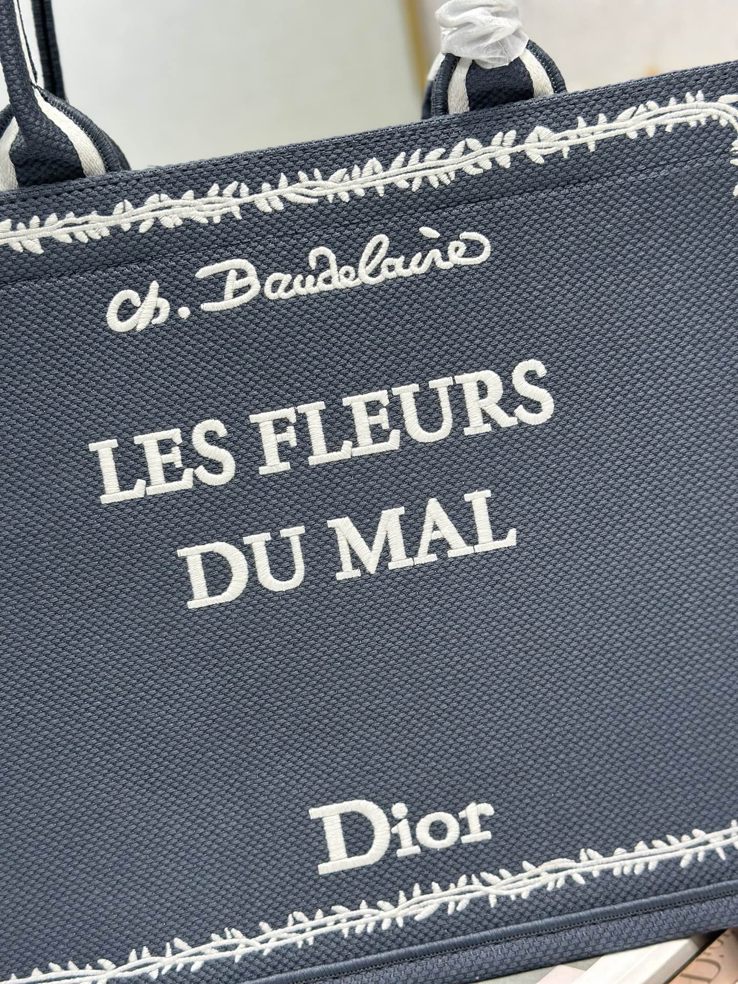 DIOR 26S BOOK TOTE BAG 36 IN GREY EMBROIDERED LETTERING FABRIC