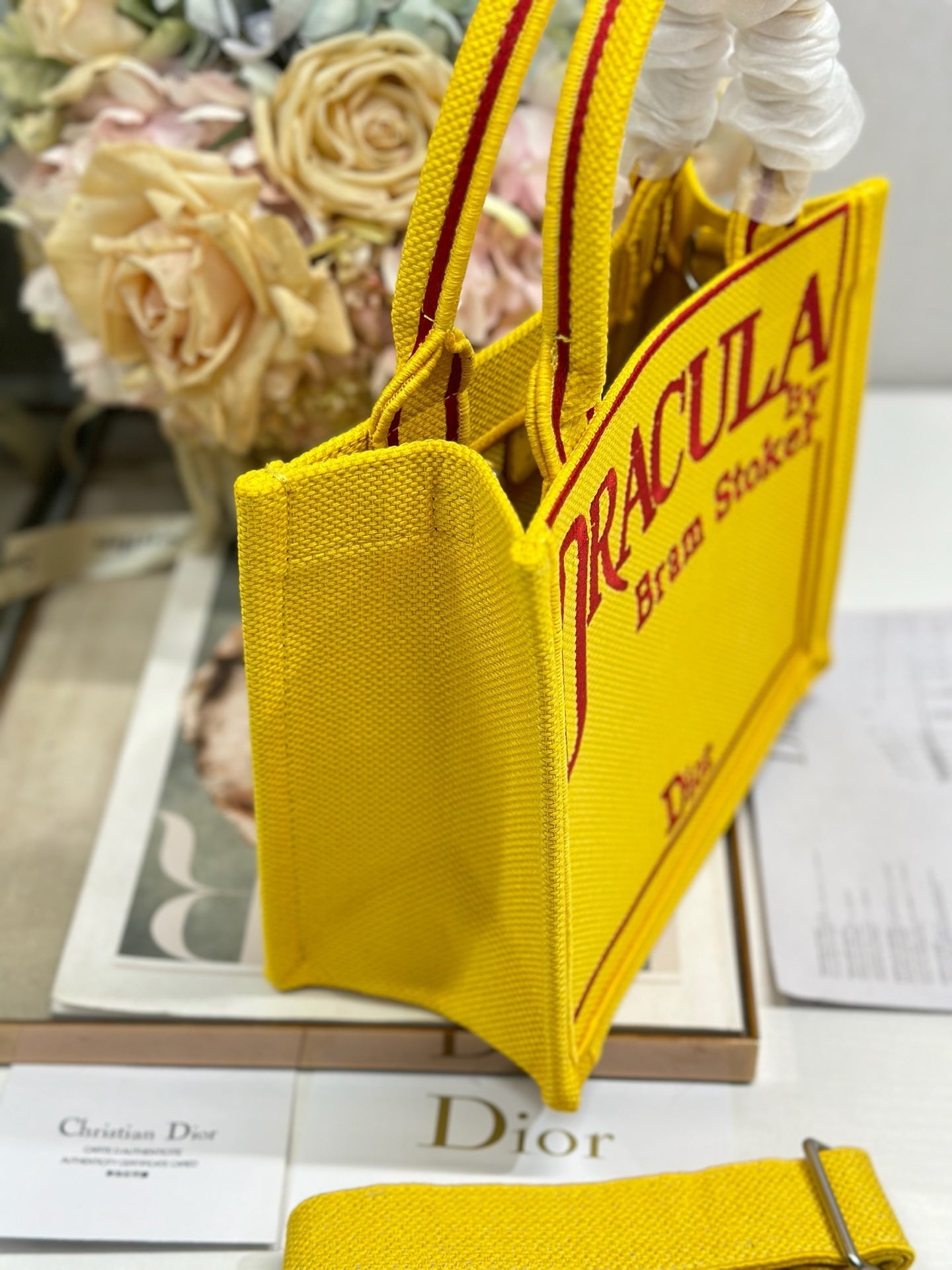 DIOR 26S BOOK TOTE BAG 26 IN YELLOW EMBROIDERED LETTERING FABRIC