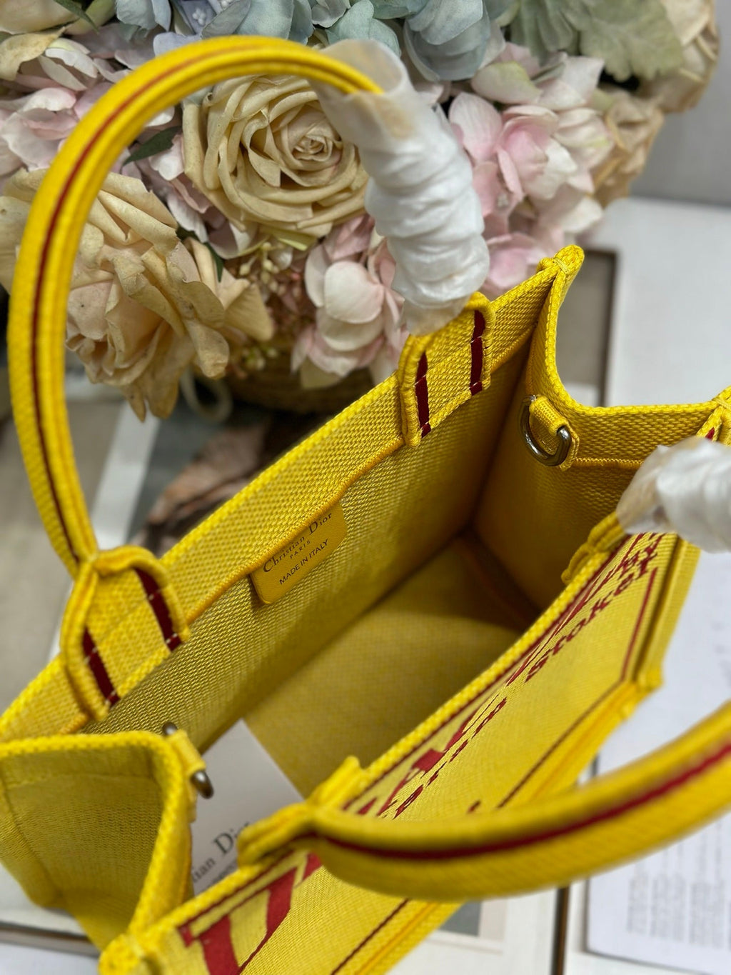 DIOR 26S BOOK TOTE BAG 26 IN YELLOW EMBROIDERED LETTERING FABRIC