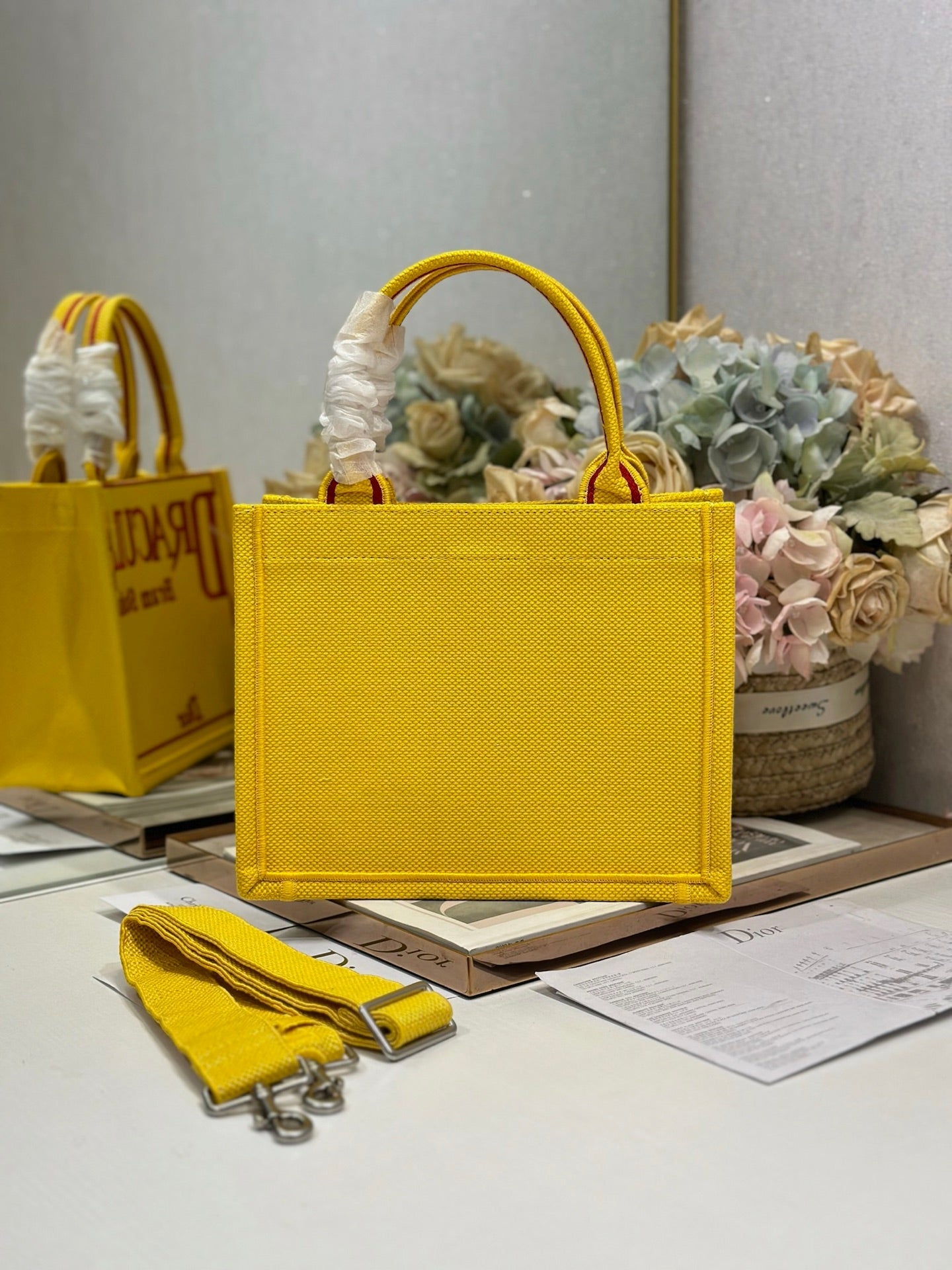 DIOR 26S BOOK TOTE BAG 26 IN YELLOW EMBROIDERED LETTERING FABRIC