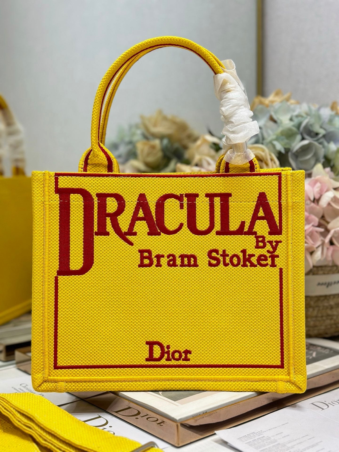 DIOR 26S BOOK TOTE BAG 26 IN YELLOW EMBROIDERED LETTERING FABRIC