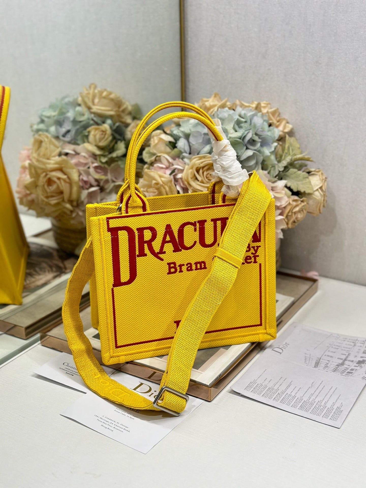 DIOR 26S BOOK TOTE BAG 26 IN YELLOW EMBROIDERED LETTERING FABRIC