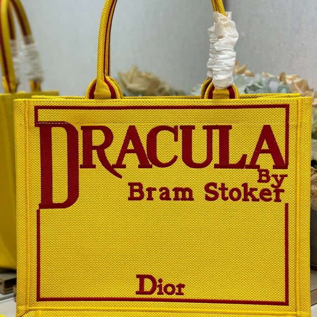 DIOR 26S BOOK TOTE BAG 36 IN YELLOW EMBROIDERED LETTERING FABRIC