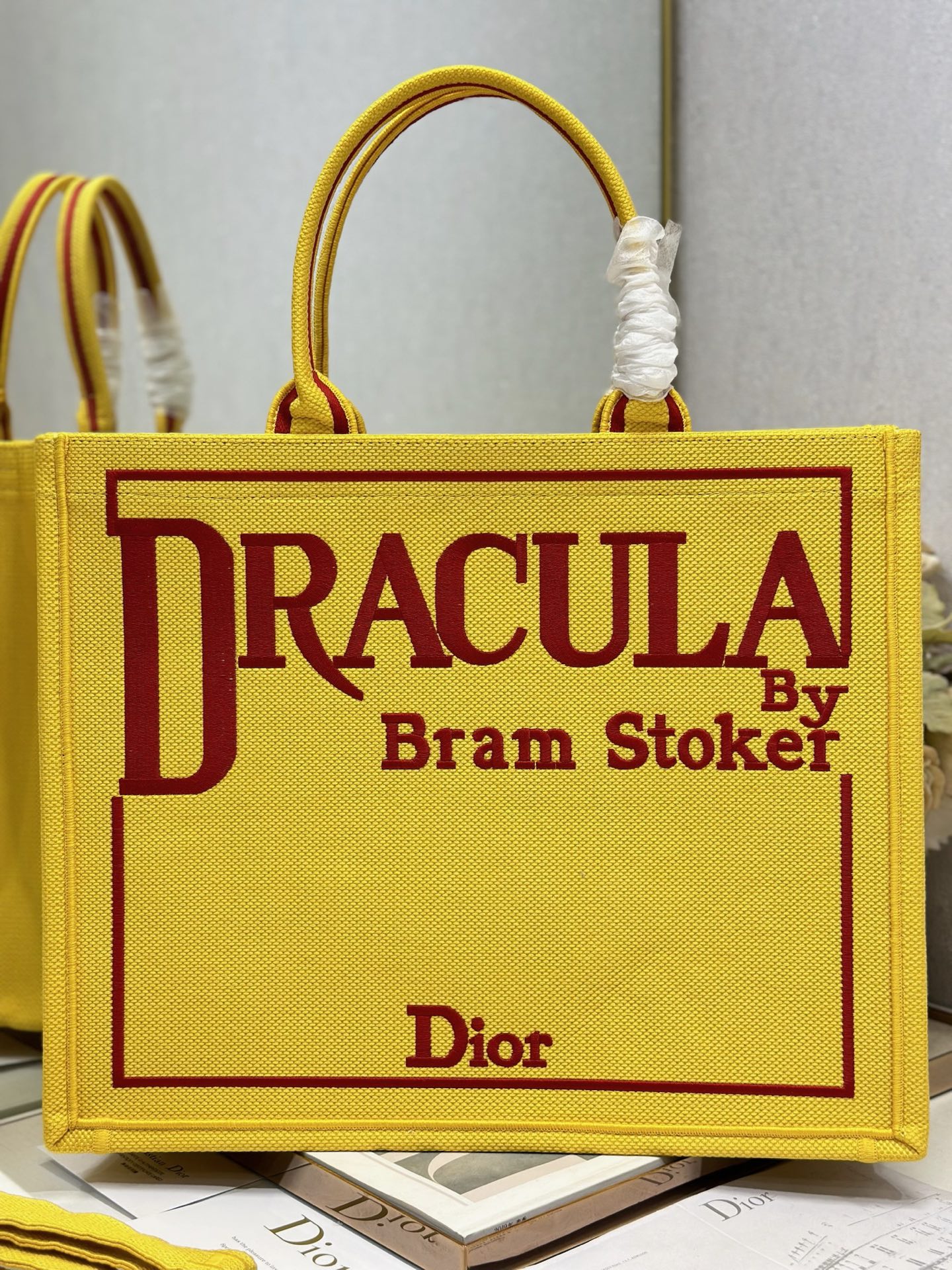DIOR 26S BOOK TOTE BAG 42 IN YELLOW EMBROIDERED LETTERING FABRIC