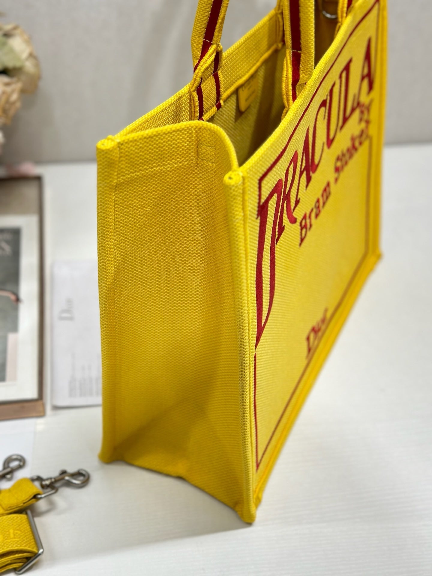 DIOR 26S BOOK TOTE BAG 42 IN YELLOW EMBROIDERED LETTERING FABRIC