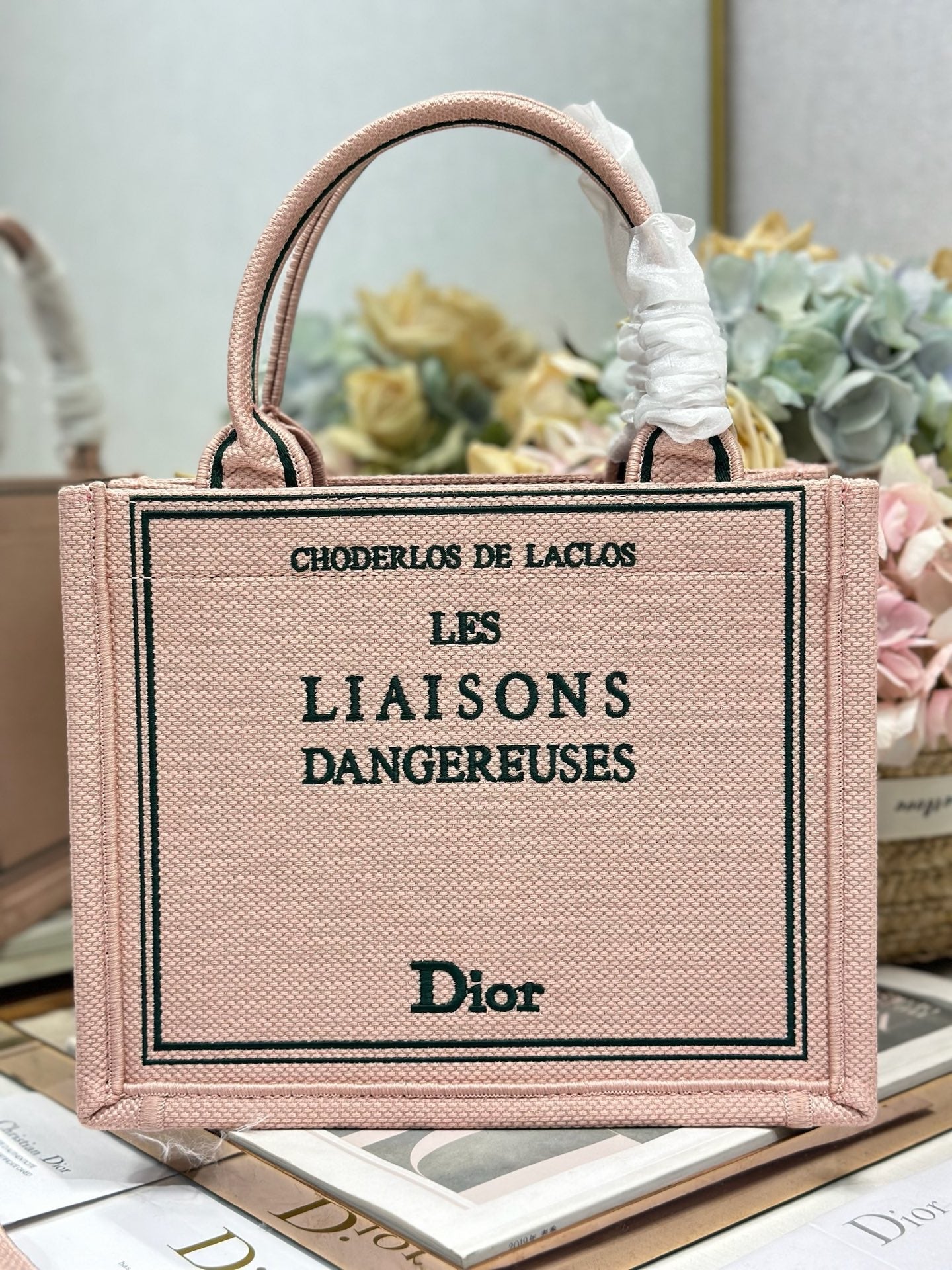 DIOR 26S BOOK TOTE BAG 26 IN PINK EMBROIDERED LETTERING FABRIC