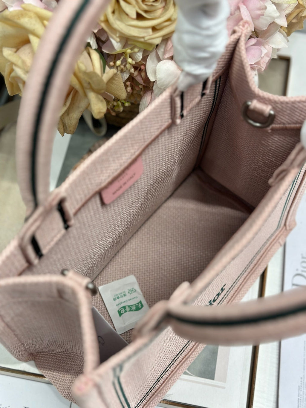 DIOR 26S BOOK TOTE BAG 26 IN PINK EMBROIDERED LETTERING FABRIC