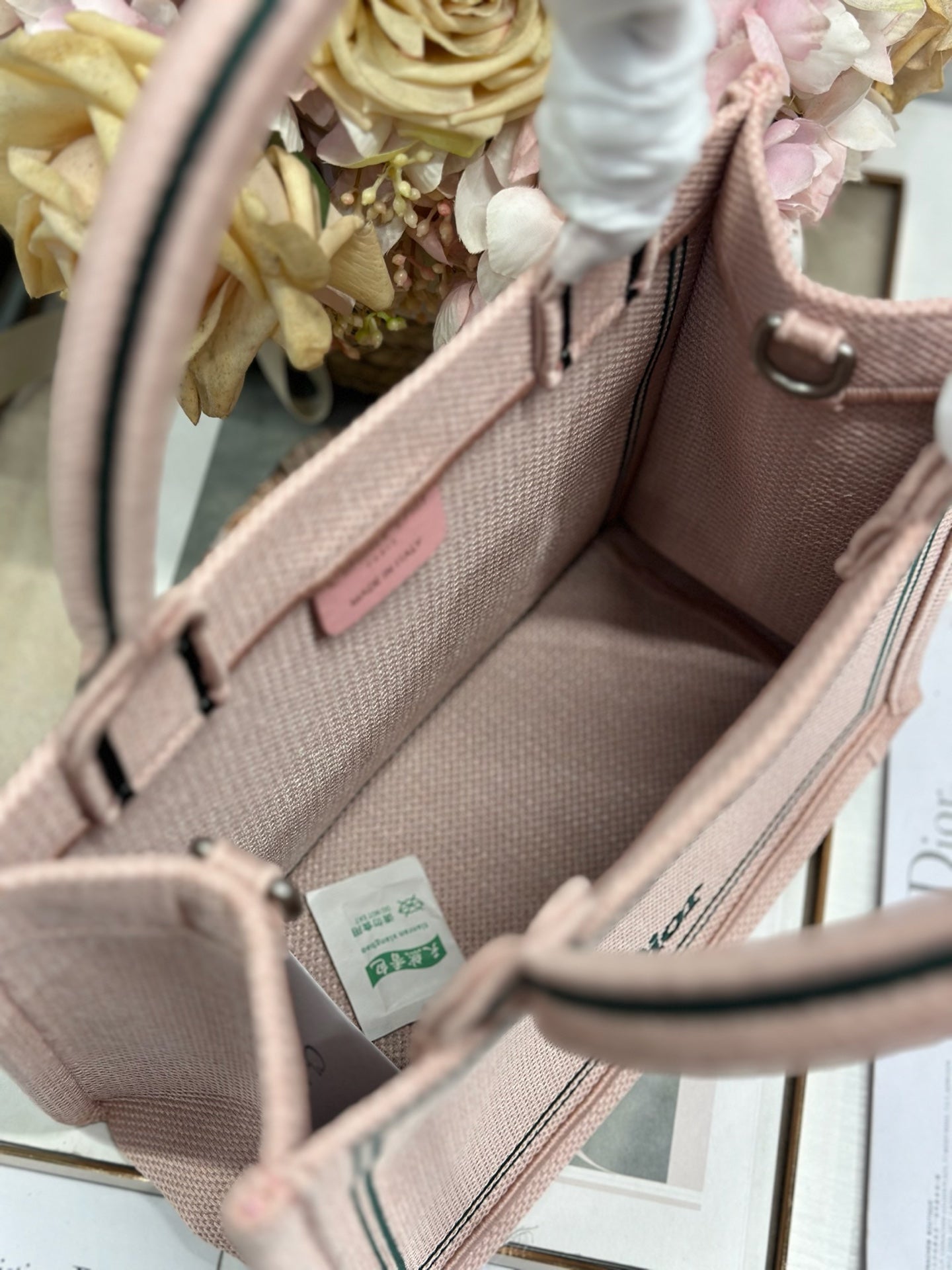 DIOR 26S BOOK TOTE BAG 26 IN PINK EMBROIDERED LETTERING FABRIC