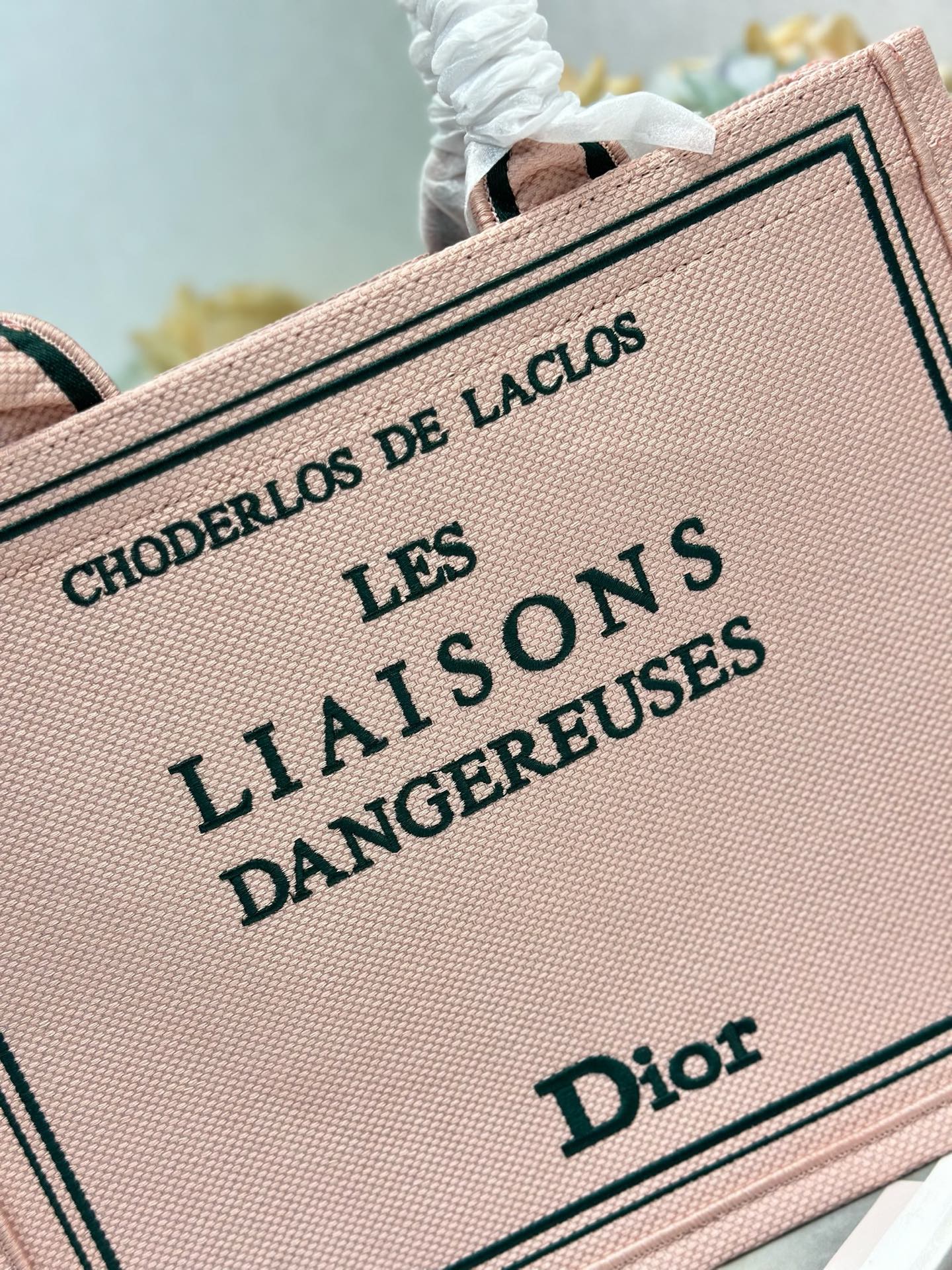 DIOR 26S BOOK TOTE BAG 36 IN PINK EMBROIDERED LETTERING FABRIC