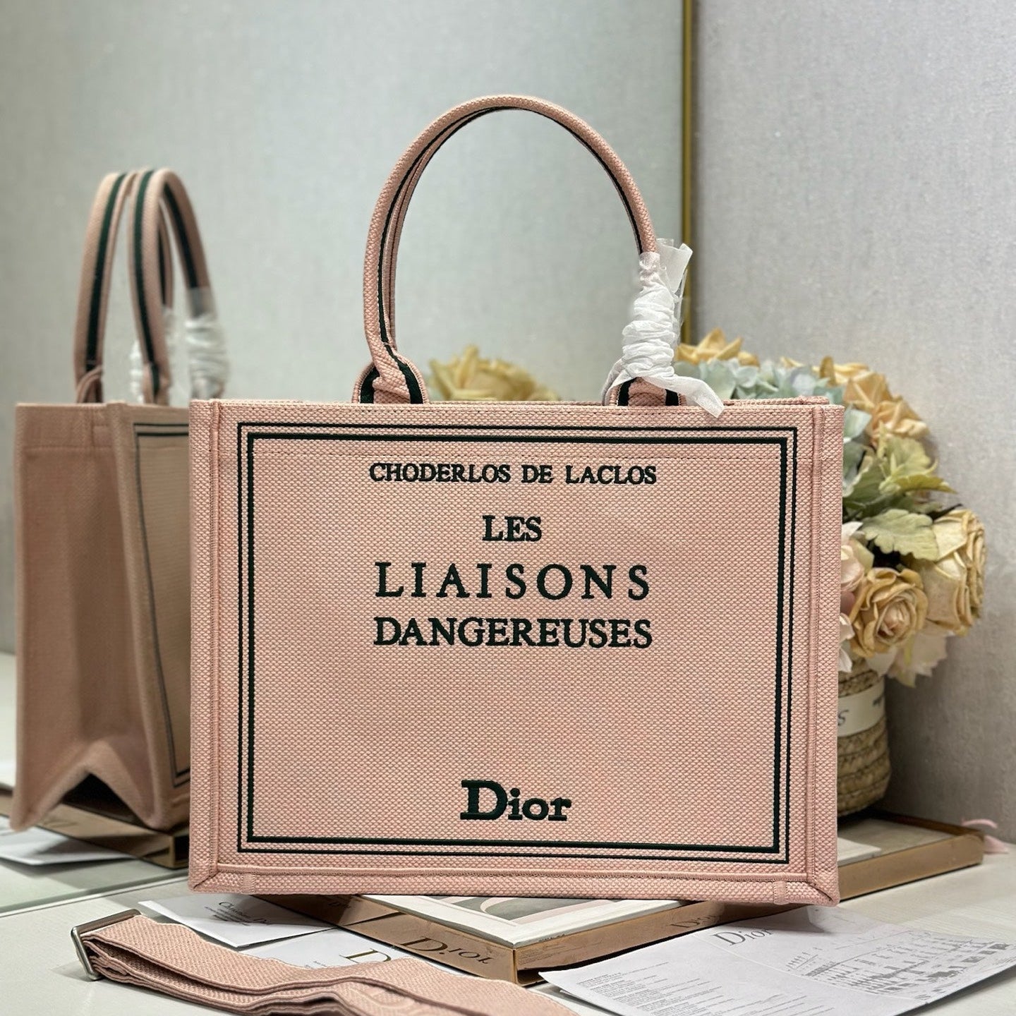 DIOR 26S BOOK TOTE BAG 36 IN PINK EMBROIDERED LETTERING FABRIC