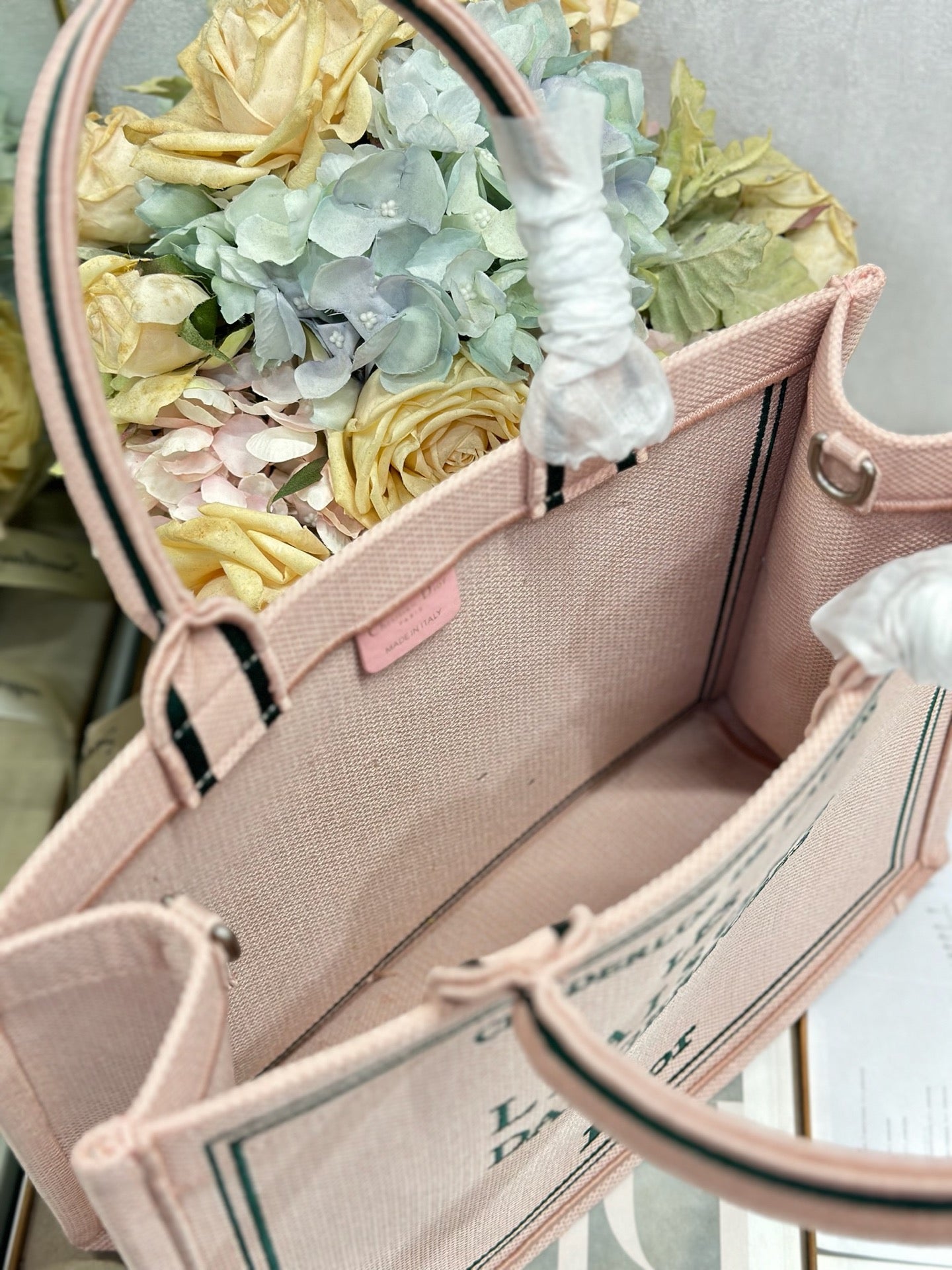 DIOR 26S BOOK TOTE BAG 36 IN PINK EMBROIDERED LETTERING FABRIC
