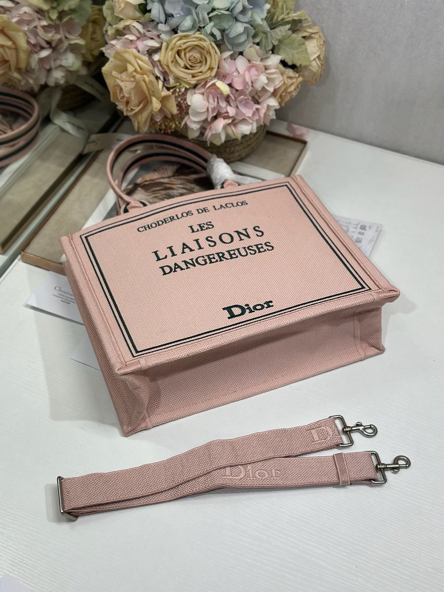 DIOR 26S BOOK TOTE BAG 36 IN PINK EMBROIDERED LETTERING FABRIC