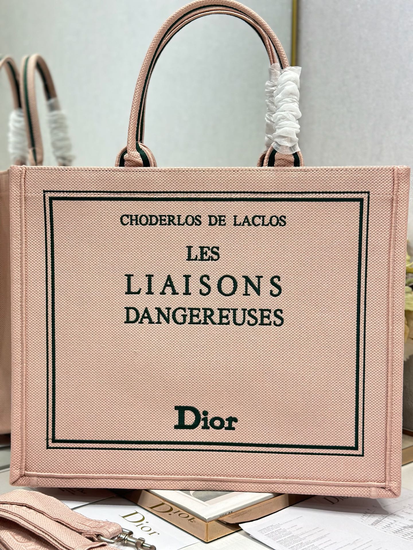 DIOR 26S BOOK TOTE BAG 42 IN PINK EMBROIDERED LETTERING FABRIC