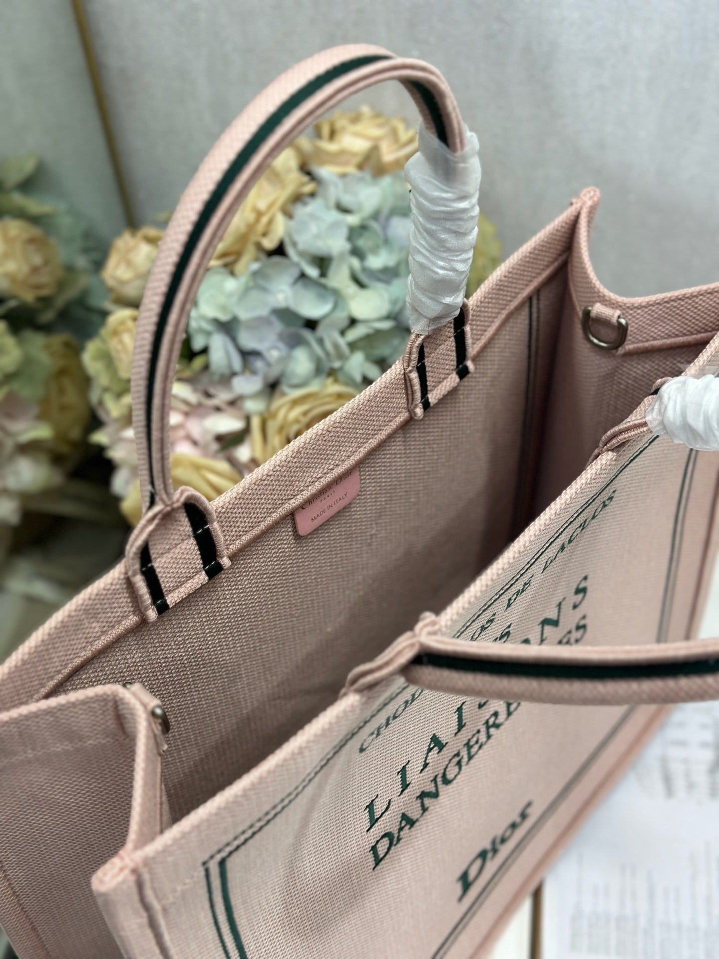 DIOR 26S BOOK TOTE BAG 42 IN PINK EMBROIDERED LETTERING FABRIC