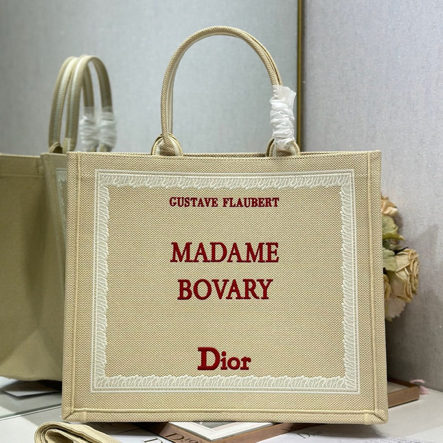 DIOR 26S BOOK TOTE BAG 42 IN BEIGE EMBROIDERED LETTERING FABRIC
