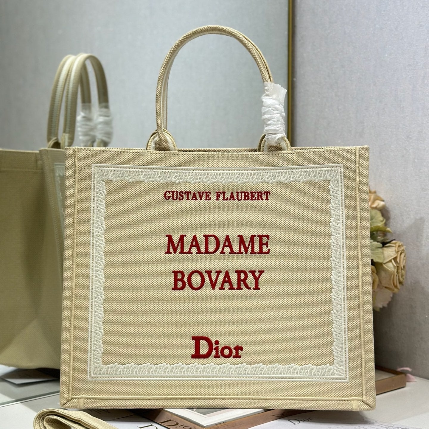 DIOR 26S BOOK TOTE BAG 42 IN BEIGE EMBROIDERED LETTERING FABRIC