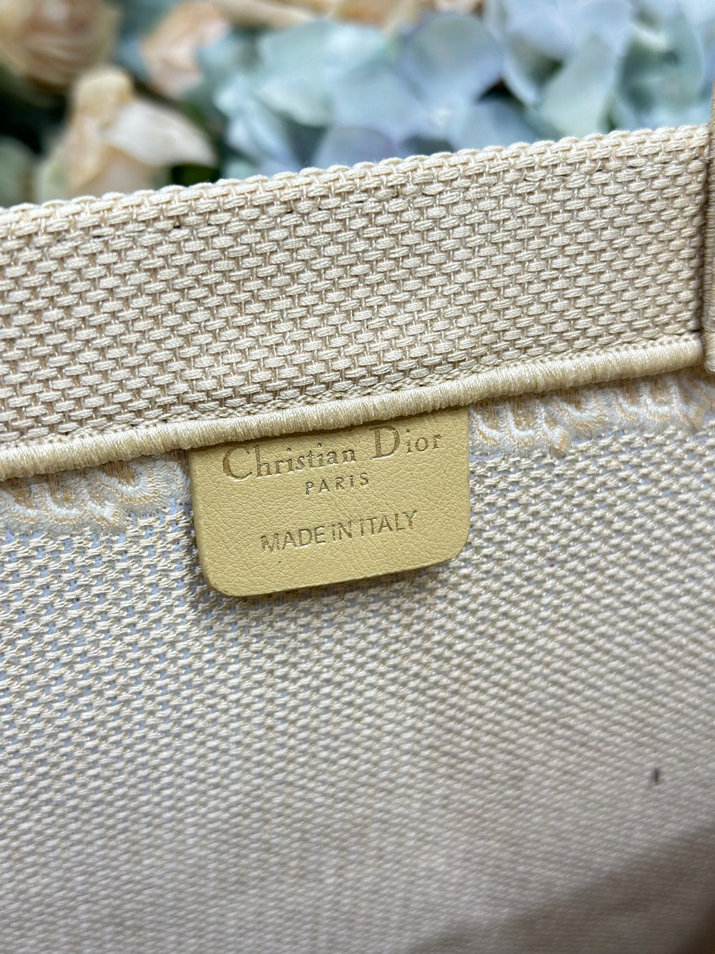 DIOR 26S BOOK TOTE BAG 42 IN BEIGE EMBROIDERED LETTERING FABRIC