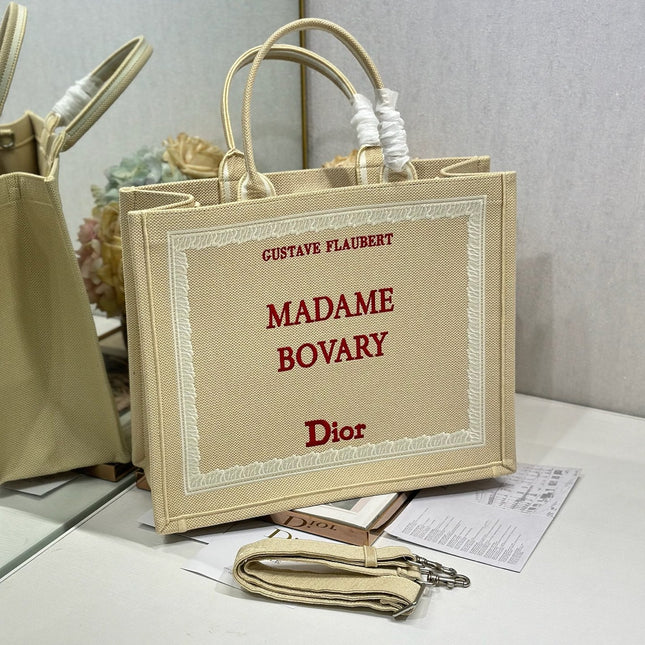 DIOR 26S BOOK TOTE BAG 42 IN BEIGE EMBROIDERED LETTERING FABRIC