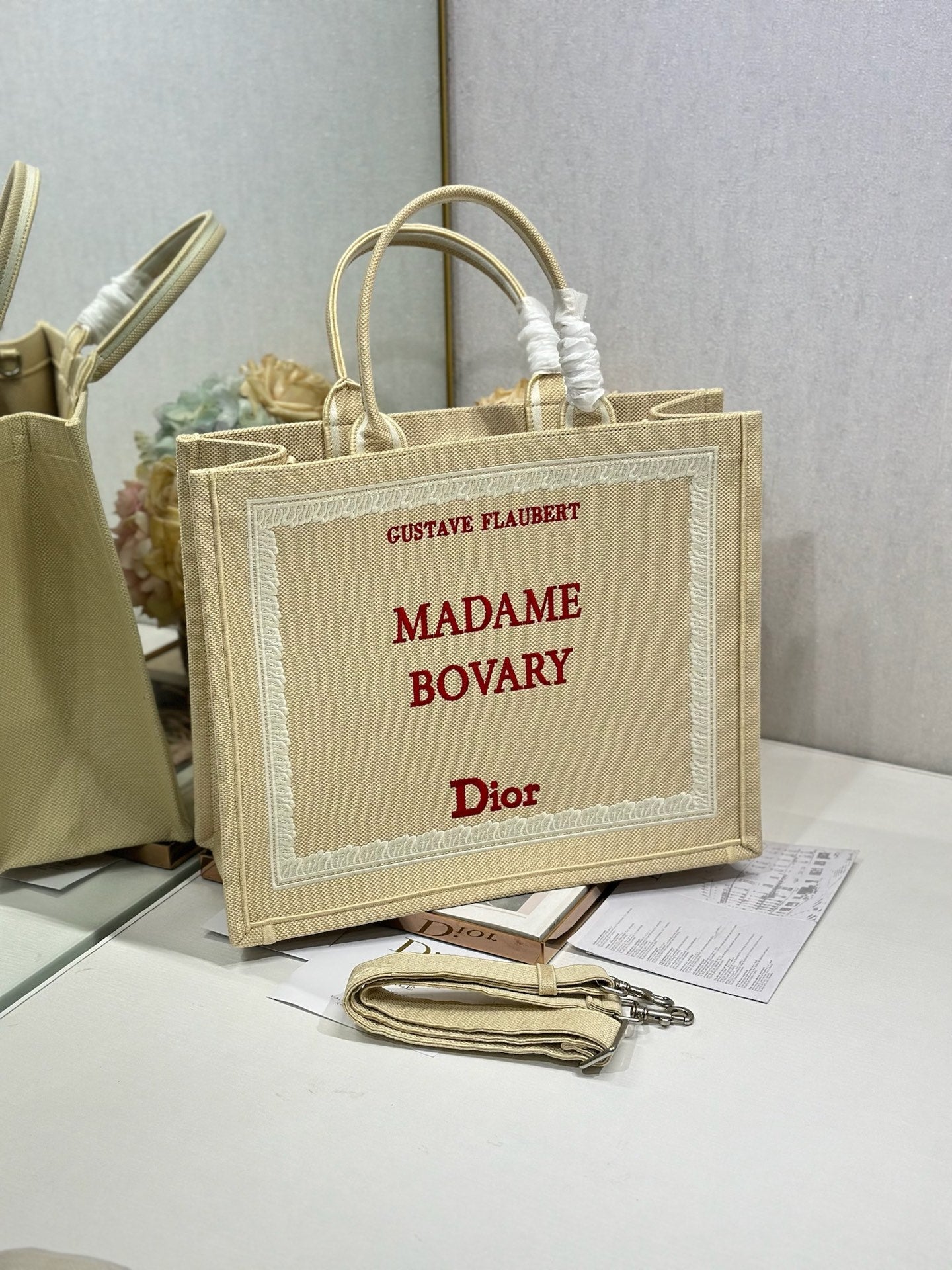 DIOR 26S BOOK TOTE BAG 42 IN BEIGE EMBROIDERED LETTERING FABRIC