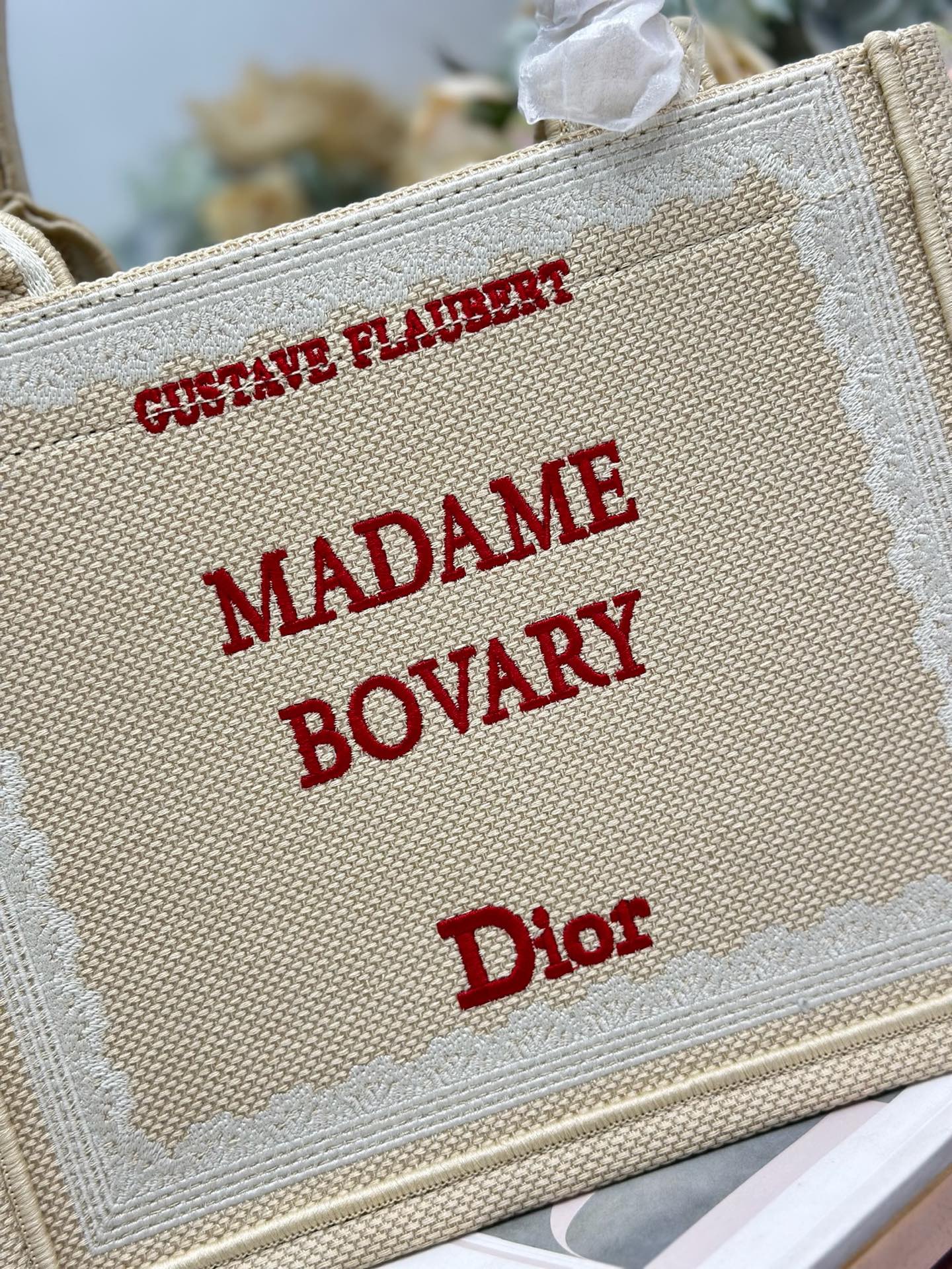 DIOR 26S BOOK TOTE BAG 26 IN BEIGE EMBROIDERED LETTERING FABRIC