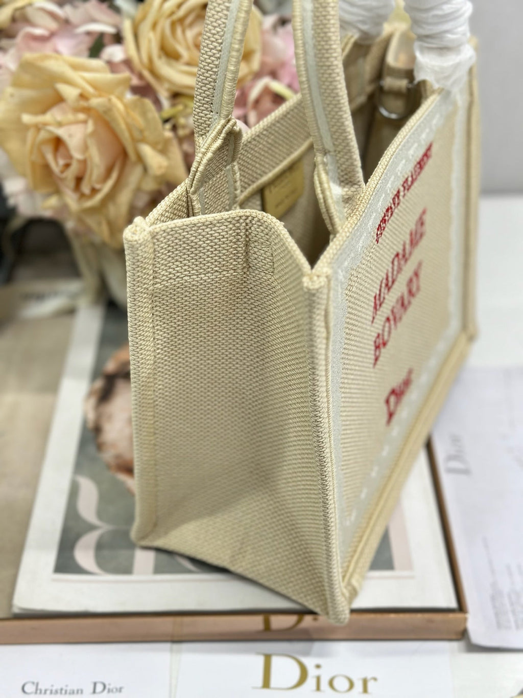 DIOR 26S BOOK TOTE BAG 26 IN BEIGE EMBROIDERED LETTERING FABRIC