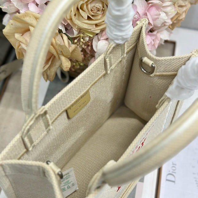 DIOR 26S BOOK TOTE BAG 26 IN BEIGE EMBROIDERED LETTERING FABRIC