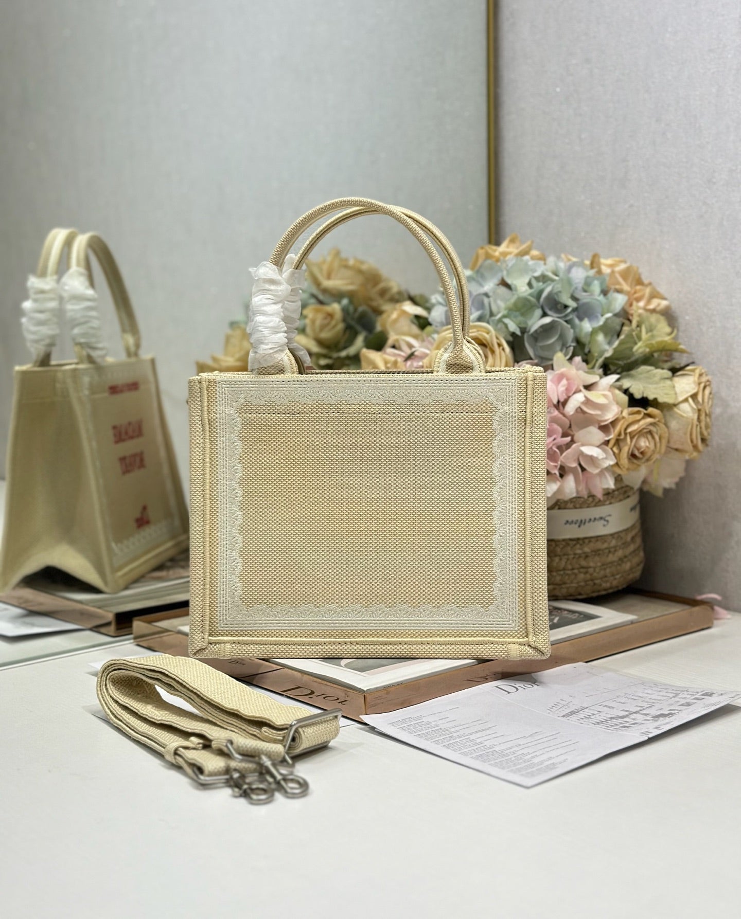 DIOR 26S BOOK TOTE BAG 26 IN BEIGE EMBROIDERED LETTERING FABRIC