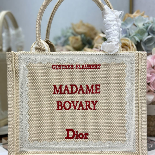 DIOR 26S BOOK TOTE BAG 26 IN BEIGE EMBROIDERED LETTERING FABRIC
