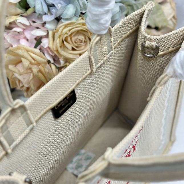 DIOR 26S BOOK TOTE BAG 36 IN BEIGE EMBROIDERED LETTERING FABRIC