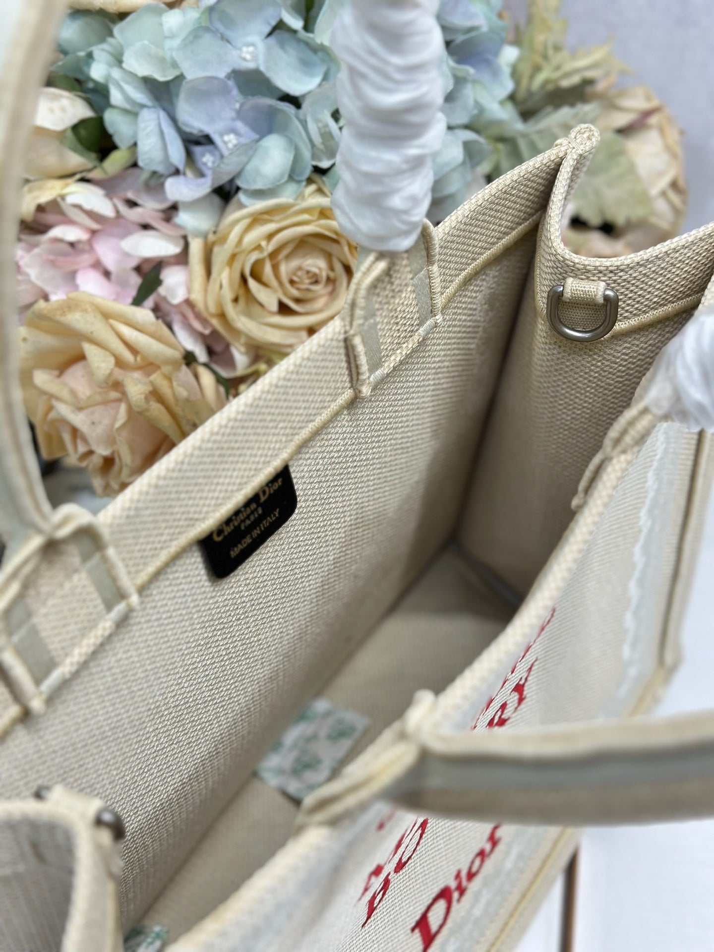 DIOR 26S BOOK TOTE BAG 36 IN BEIGE EMBROIDERED LETTERING FABRIC