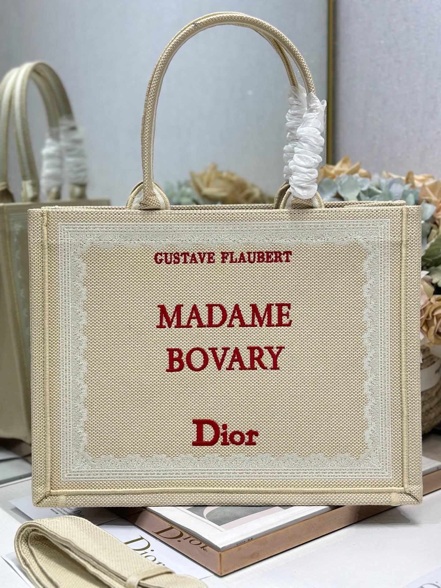 DIOR 26S BOOK TOTE BAG 36 IN BEIGE EMBROIDERED LETTERING FABRIC