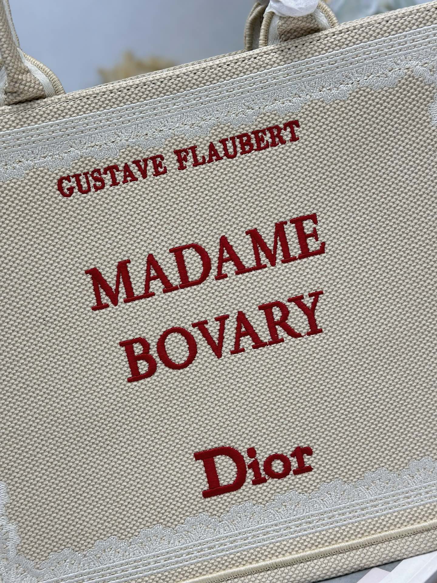 DIOR 26S BOOK TOTE BAG 36 IN BEIGE EMBROIDERED LETTERING FABRIC