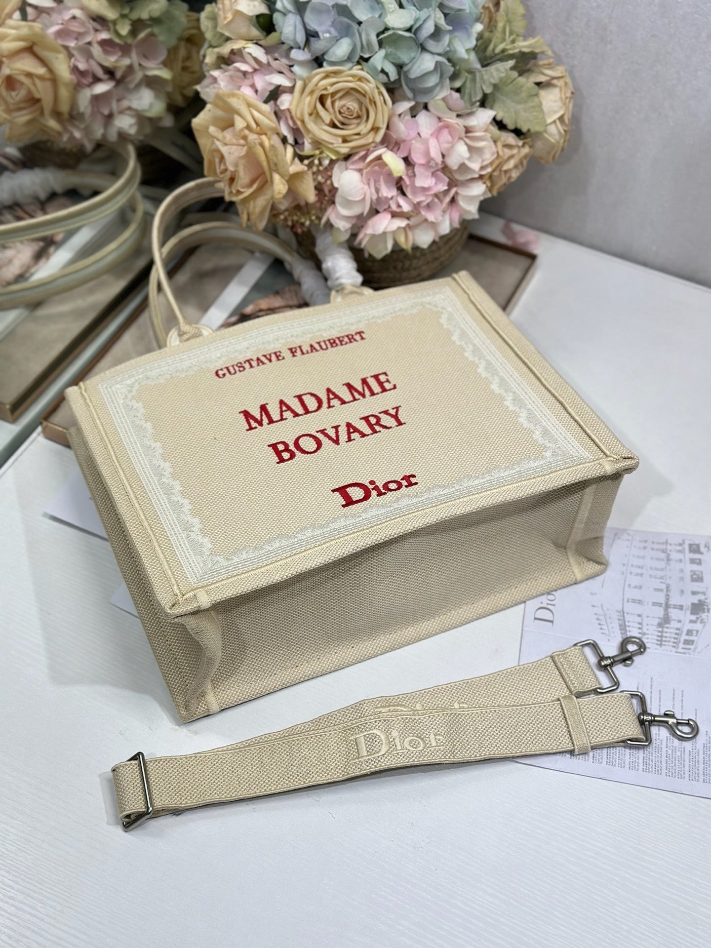 DIOR 26S BOOK TOTE BAG 36 IN BEIGE EMBROIDERED LETTERING FABRIC