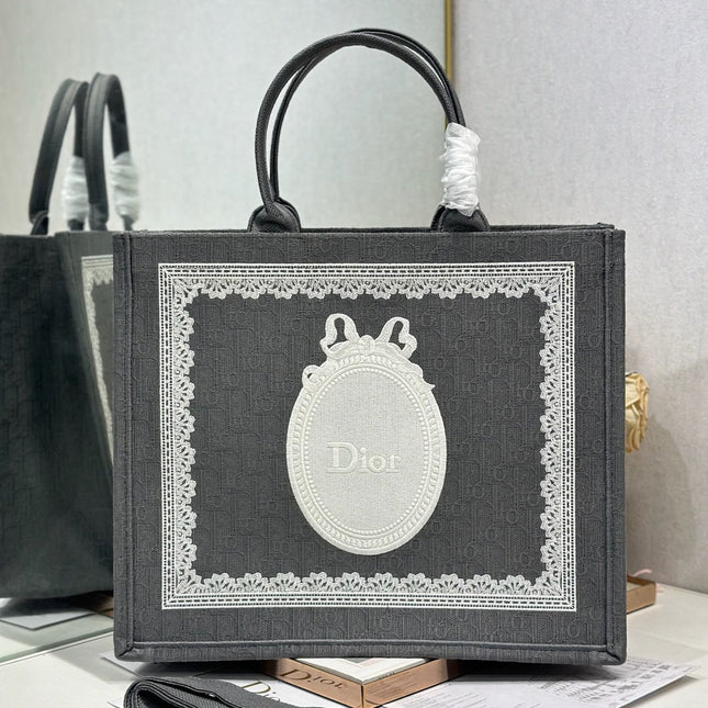 DIOR 26S BOOK TOTE BAG 42 IN GREY AND WHITE LACE BAYADERE FABRIC