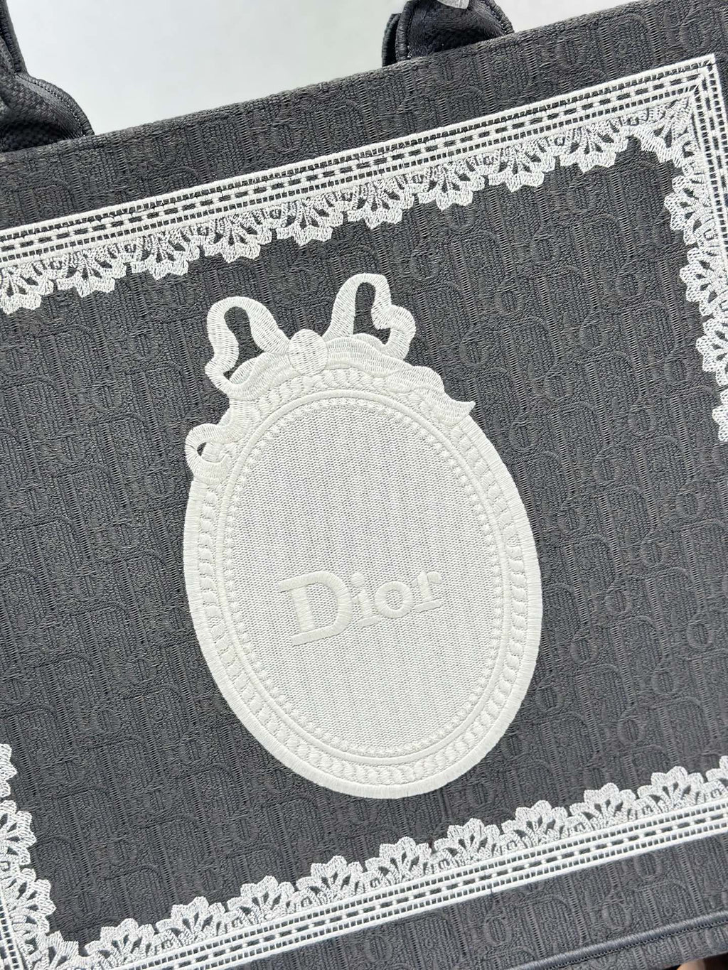 DIOR 26S BOOK TOTE BAG 42 IN GREY AND WHITE LACE BAYADERE FABRIC